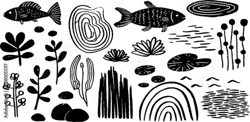 Lake themes with rippled circles and water lilies for nature-inspired designs