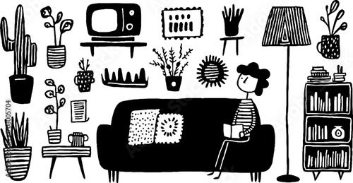 Cozy living room scene with vintage sofa, pillows, person, and modern decor elements for interior inspiration