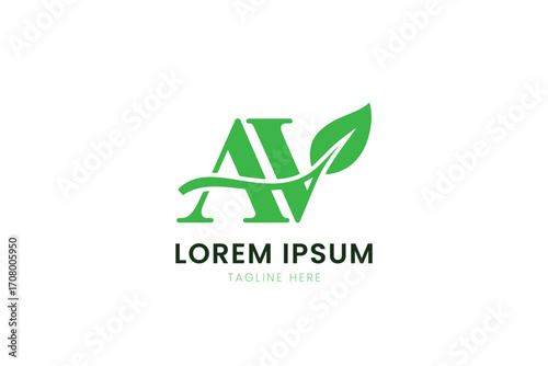 Minimalist green abstract av letter logo with leaf element for nature inspired brands