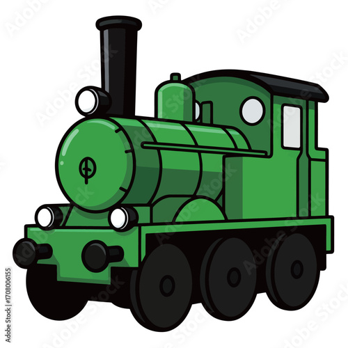 A classic green train engine, a simple cartoon illustration for transportation, travel, and industrial themes.