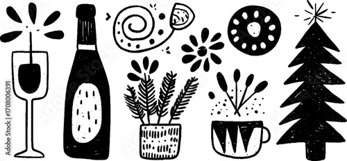 Festive new year celebration with fireworks and champagne glass elements for holiday design