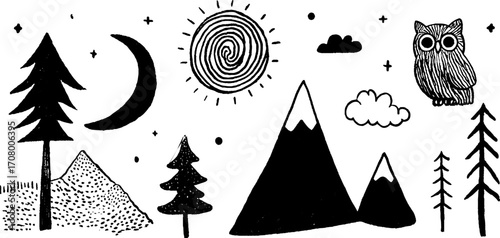 Celestial night landscape with starry sky, crescent moon, and woodland creatures