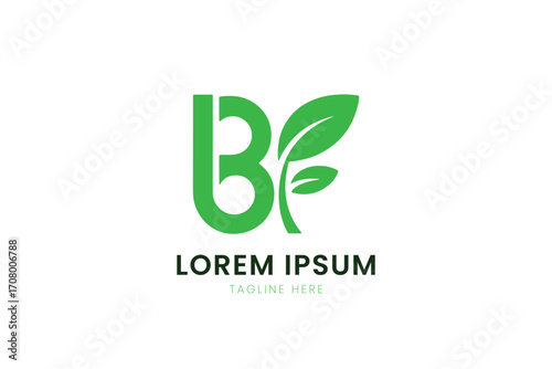 Minimalist green bf logo with leaf symbol represents nature and growth