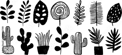 Abstract plant illustration set with monstera, fern, and eucalyptus