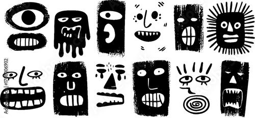 Abstract psychedelic faces with melting eyes and dripping mouths in distorted blackwork design