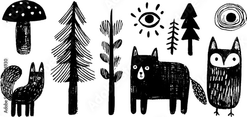 Whimsical woodland creatures and nature elements with mushrooms and trees for creative designs