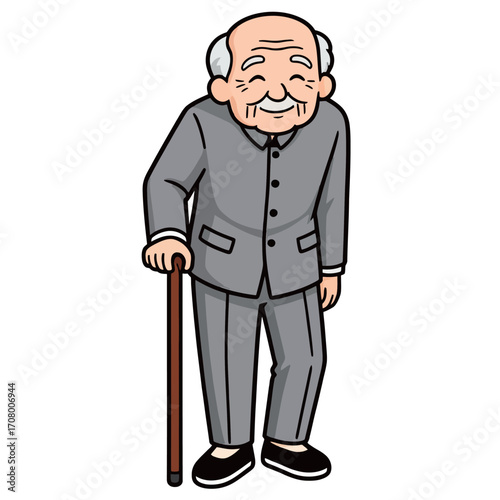 A full-body cartoon illustration of a kind and smiling elderly man with white hair, wearing a suit and holding a cane.