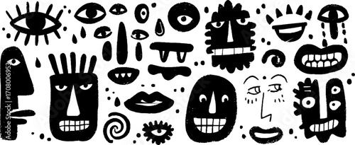 Surreal faces and melting eyes set with distorted features for creative design