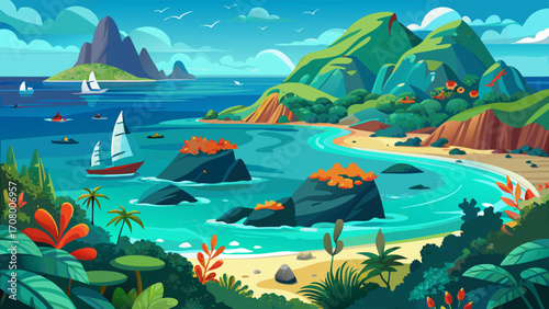 Fernando de Noronha Marine Reserve in Brazil offers turquoise waters, dramatic volcanic cliffs, and protected coral reefs, a sanctuary of pristine beauty and environmental importance in the tropical A
