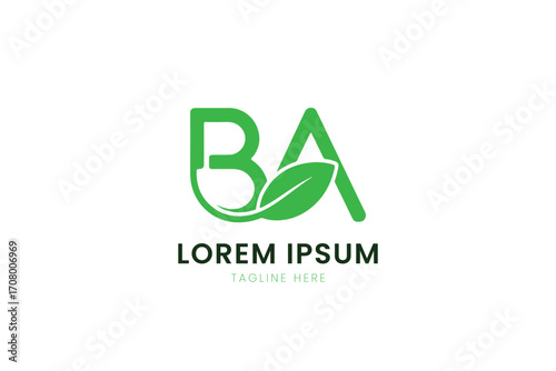 Minimalist green ba logo with leaf element for organic and eco-friendly brands