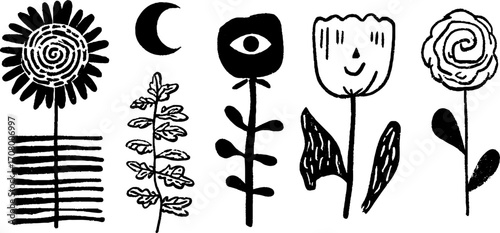 Psychedelic garden set: flowers with eye, spiral stems, and celestial elements for creative design