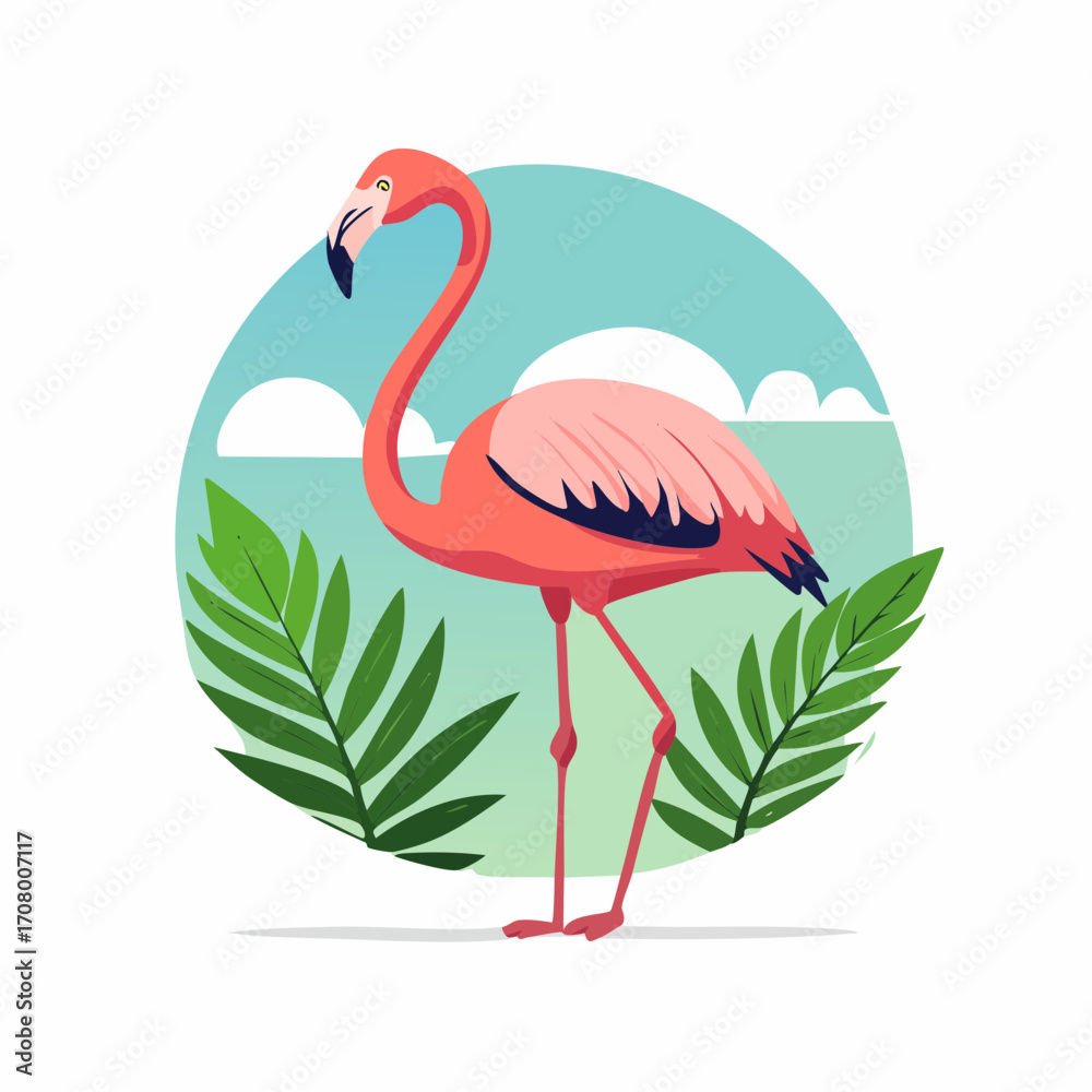 Obraz premium Vibrant Pink Flamingo Illustration with Tropical Leaves and Blue Sky Background in Flat Design Style