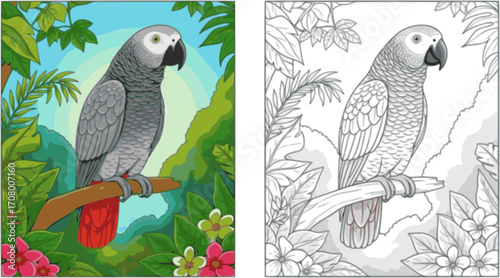 Bird African Grey Parrot Coloring Illustration
