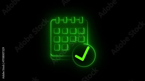 glowing neon calendar with  neon green calendar with check mark icon on black background.