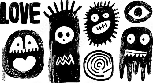 Quirky expressions set of wobbly faces with grins and sad blobs for art and design