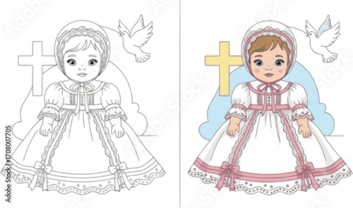 Baptism Baby Girl Dress Coloring Page Illustration
