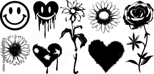Whimsical floral and heart designs with smiles and artistic drips for creative projects