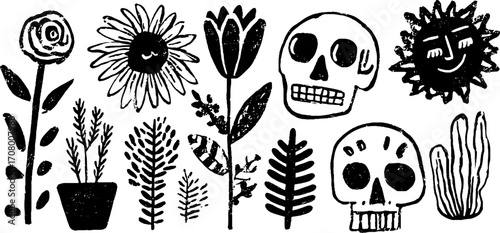 Skulls and floral tattoo flash set with sun motif for creative design