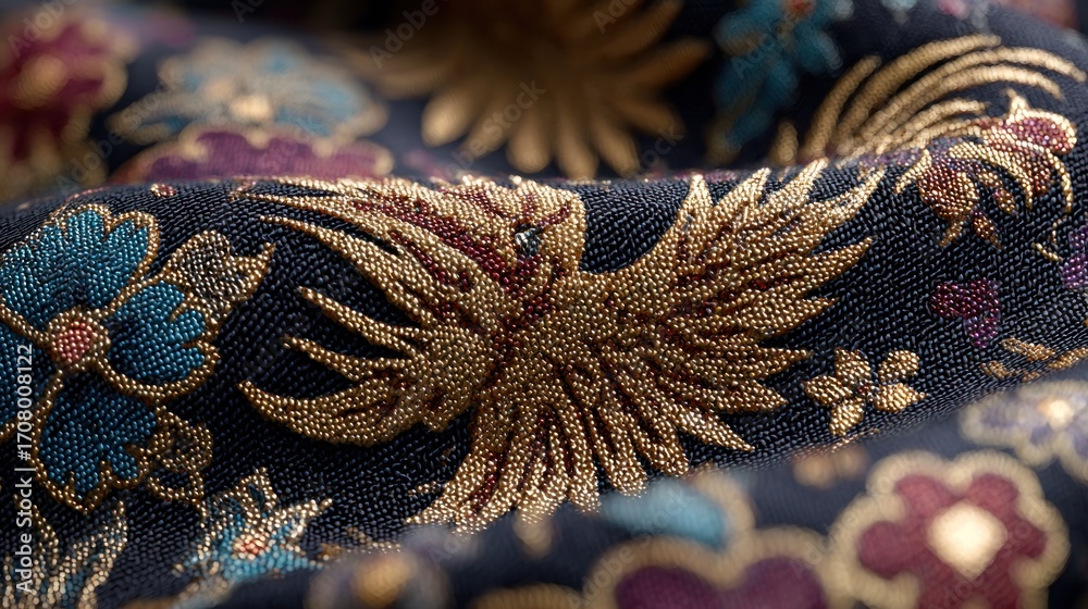 Naklejka premium Intricate floral and phoenix embroidery on a dark blue silk fabric