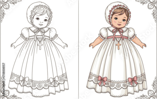Baptism Baby Girl Dress Coloring Page Illustration
