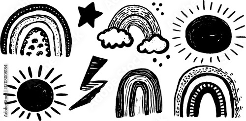 Hand drawn celestial sky elements with clouds, rainbows, and lightning for creative design