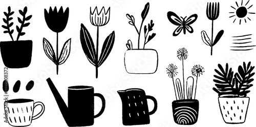 Spring garden elements set with tulips, tools, and butterfly for seasonal design