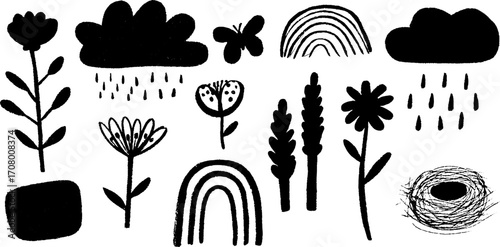 Spring bloom set featuring flowers, butterfly, bird nest, and rainy clouds for design use