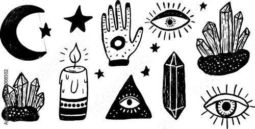 Mystical spring collection of crescent moon, tarot stars, and open hand design elements
