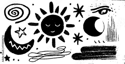 Charming spring set of geometric sun, crescent moon, and eclipse symbols for mystical design