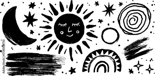 Spring set of geometric sun and crescent moon eclipse elements for creative design