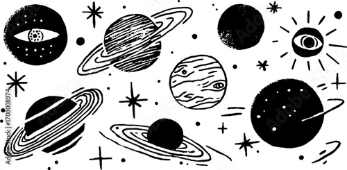 Celestial spring spiral galaxy set with planetary orbits and comet tails