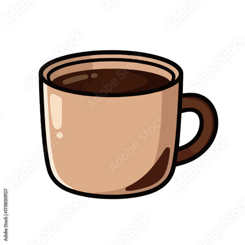 A simple cartoon illustration of a brown ceramic mug filled with coffee or tea, perfect for beverages and a cozy lifestyle.