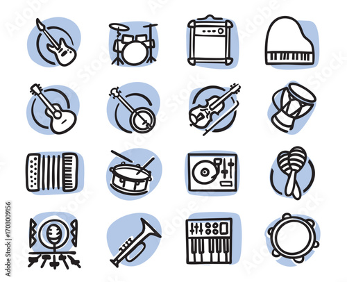 Musical instruments and concert equipment. Set of hand-drawn conceptual illustrations. Cartoon style in vector.
