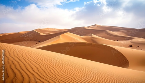 Sand Dunes with Dramatic Shadows and Sunlit Ridges in Desert Landscape against a Cloudy Blue Sky in Sunny Day