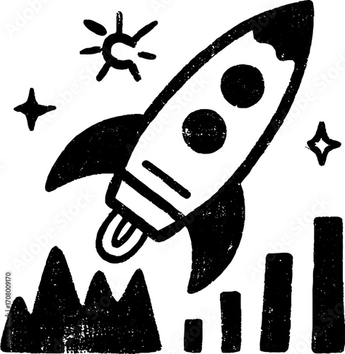 Startup vibe set: rocket launch with laptop and person for creative innovation