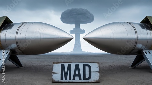 Mutual Assured Destruction: a stark portrayal of the ominous MAD concept, a visual metaphor using missiles, clouds, and a poignant sign