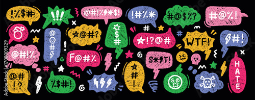 Comic speech bubble with swear word and hate. Hand drawn sketch of a grumpy text balloon with curse or insult by pencil and charcoal doodle. Rude profanity censorship in scribble talk cloud
