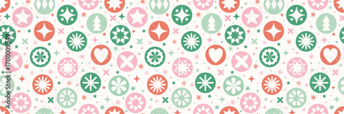 Colourful Christmas pattern. Decorated balls with snowflakes and stars. Vector illustration