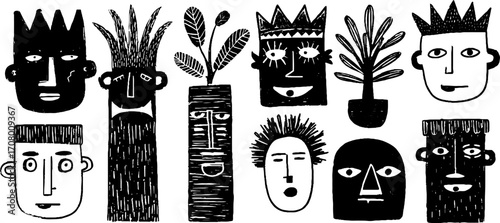 Surreal abstract head illustrations with hollow design and staircase elements
