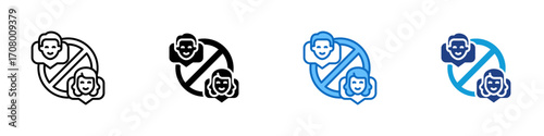 Block Users Multiple Style Icon Design Vector - Male and female profiles with block sign, symbolizing restricted users or banned accounts