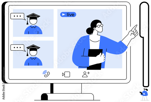 Teacher interacting live with two students wearing graduation caps via video conference. Ideal for online learning, virtual classroom, teleconferencing, education, e-learning, teamwork, simple