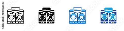 Mobile Dialogue Multiple Style Icon Design Vector - Two smartphones with faces and chat bubbles, symbolizing messaging or video communication