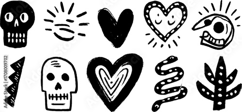 Eclectic tattoo flash set featuring skulls, hearts, and dagger designs for creative inspiration