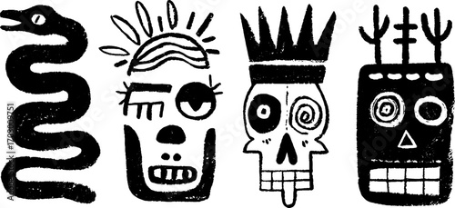 Tribal totem masks with snake, bird, and skull motifs for creative design