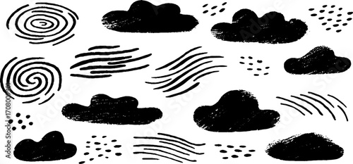 Abstract wind patterns and swirling lines with clouds and doodles for creative design