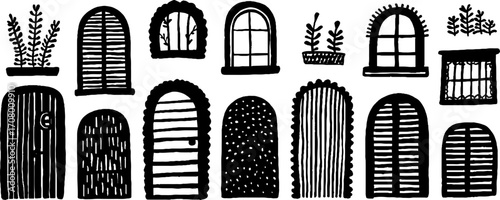 Artistic collection of windows and doors with round and arched designs for creative projects