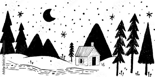 Winter night in starry pine forest with moon and cabin