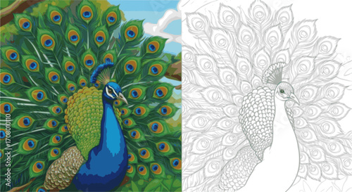 Bird Peacock Coloring Page Colored Illustration
