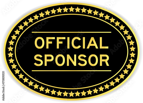 Black and gold color oval label sticker with word official sponsor on white background
