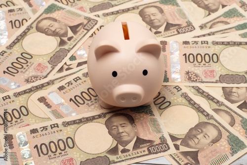 
敷き詰めた一万円札と豚の貯金箱でお金を稼ぐイメージ
